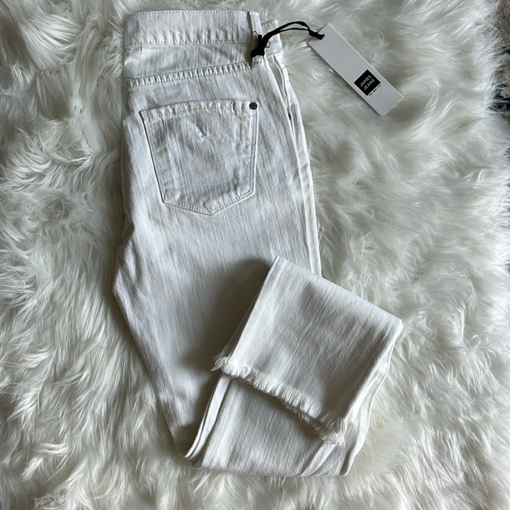 🆕 James Jeans Mid Rise Ciggy Jean Distressed Knee Frayed Hem White Size 25 - Picture 2 of 14